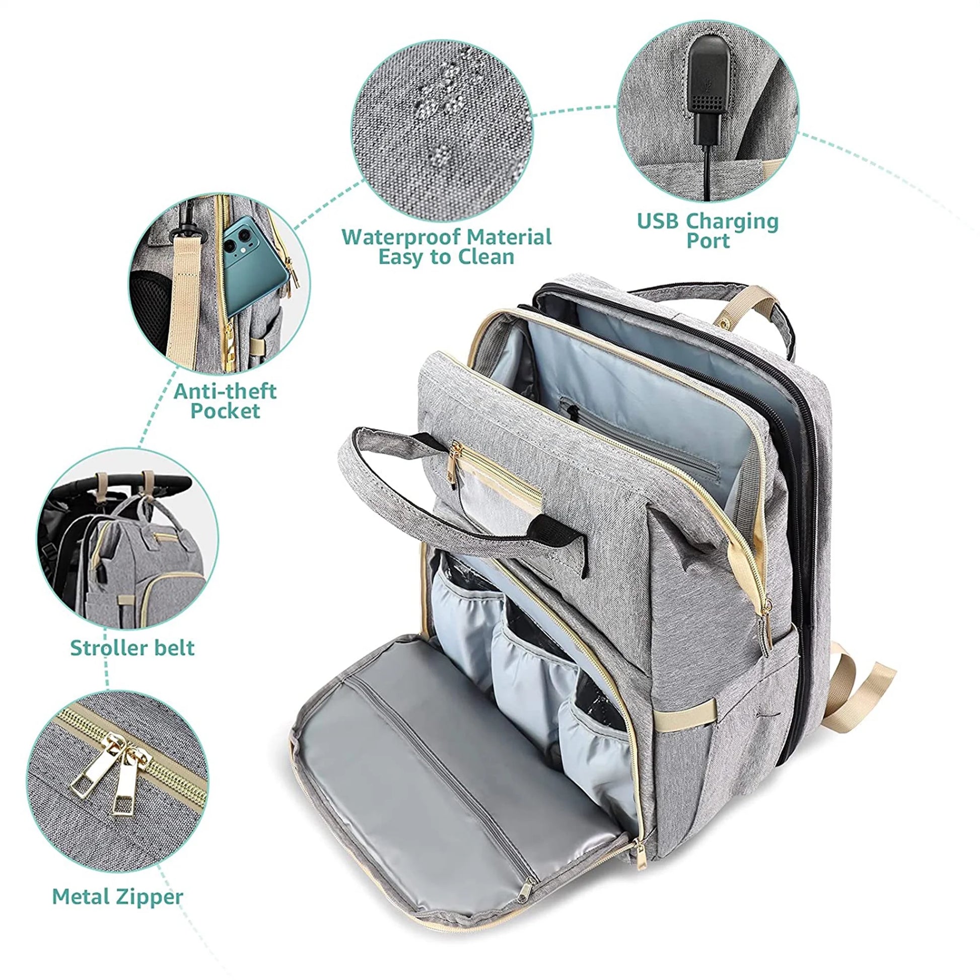 Diaper Bag Backpack,Multi-Functional Diaper Bag with Changing Station,Usb Charging Port,Grey Color